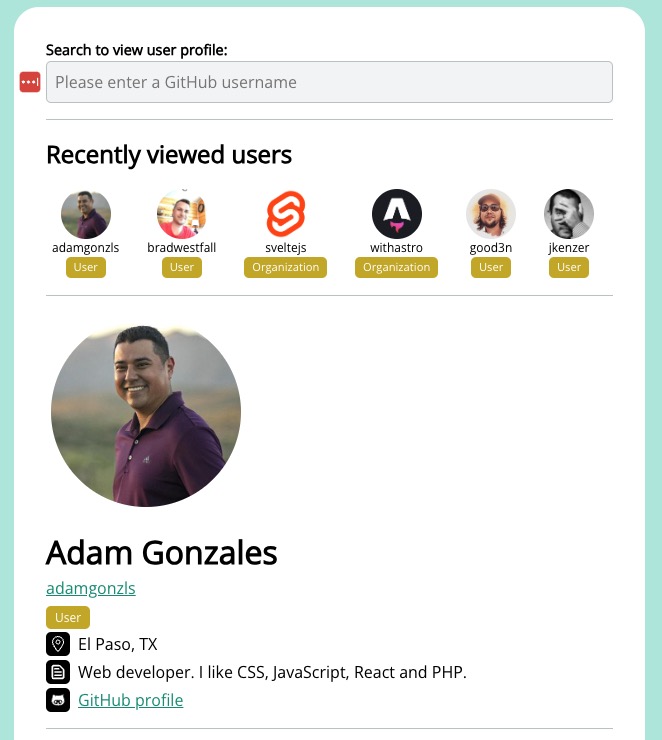 GitHub user search UI