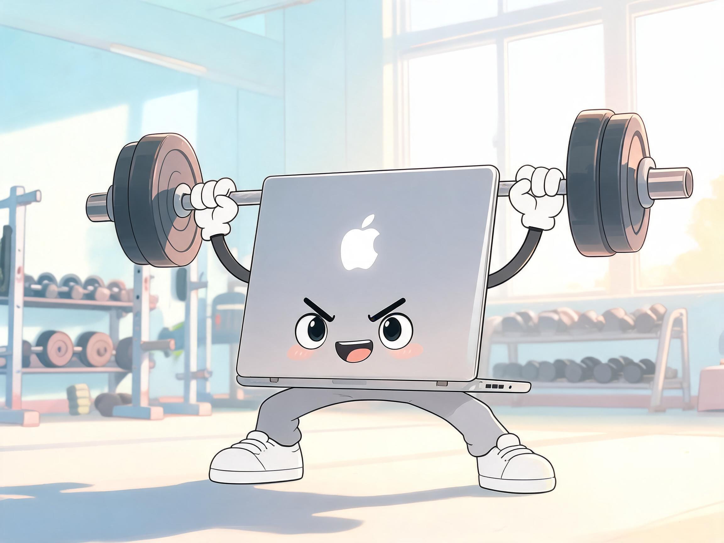 A cheerful MacBook Pro character confidently lifts a barbell in a bright, airy gym.